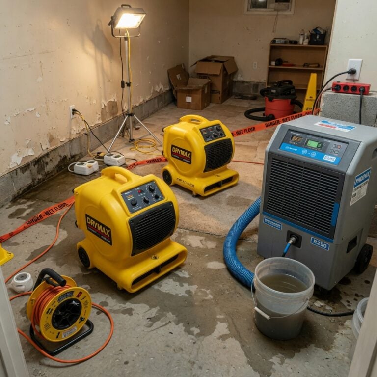 Structural drying using air movers and dehumidifiers