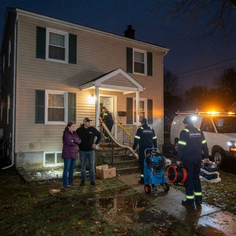 Brockton homeowners outside of house as water damage restoration techs bring equipment inside
