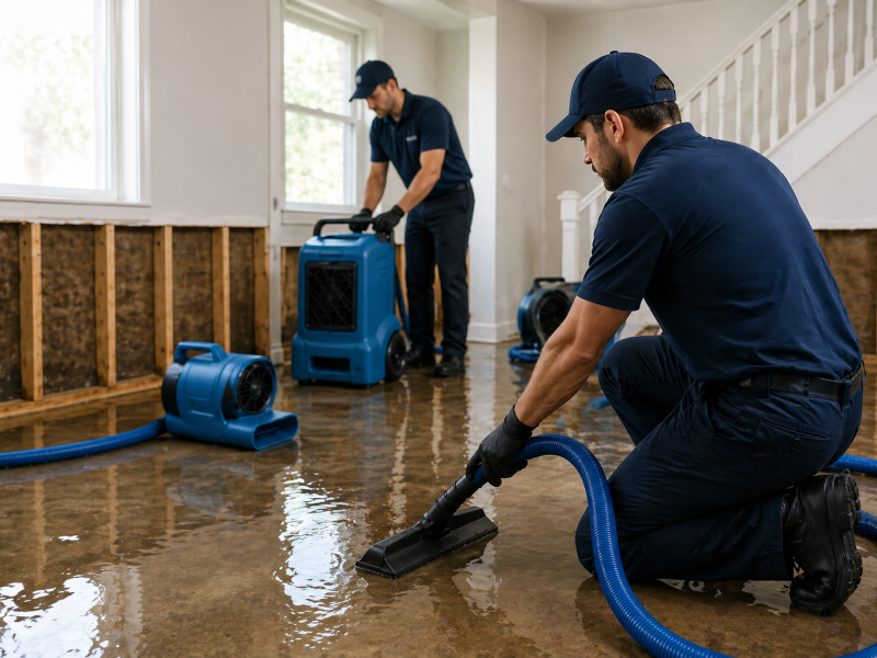 Water damage restoration technicians extracting water from flooded basement.