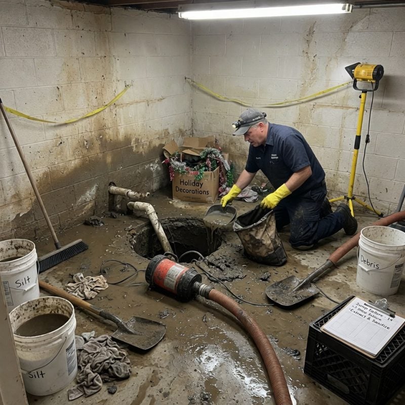 Technician cleaning up after sump pump failure